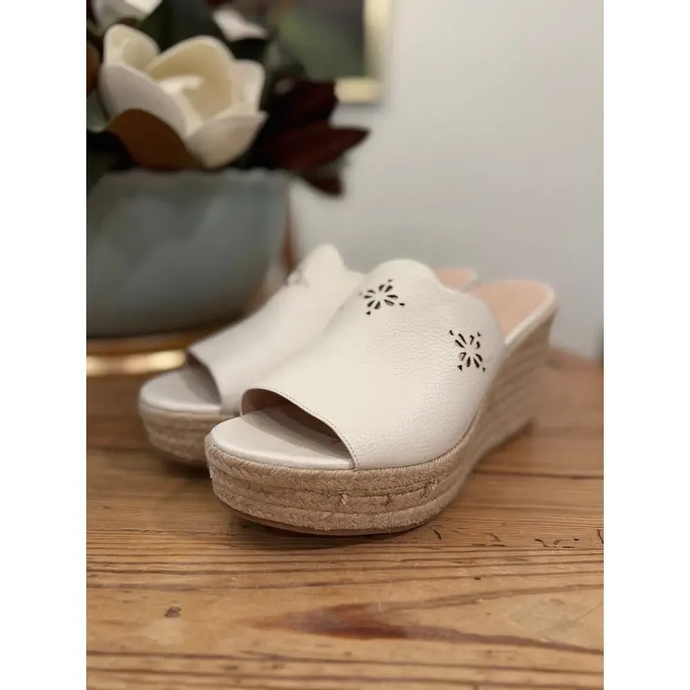 Kate Spade White Leather Espadrille Wedge Slide Sandals Laser Cut Size 10M